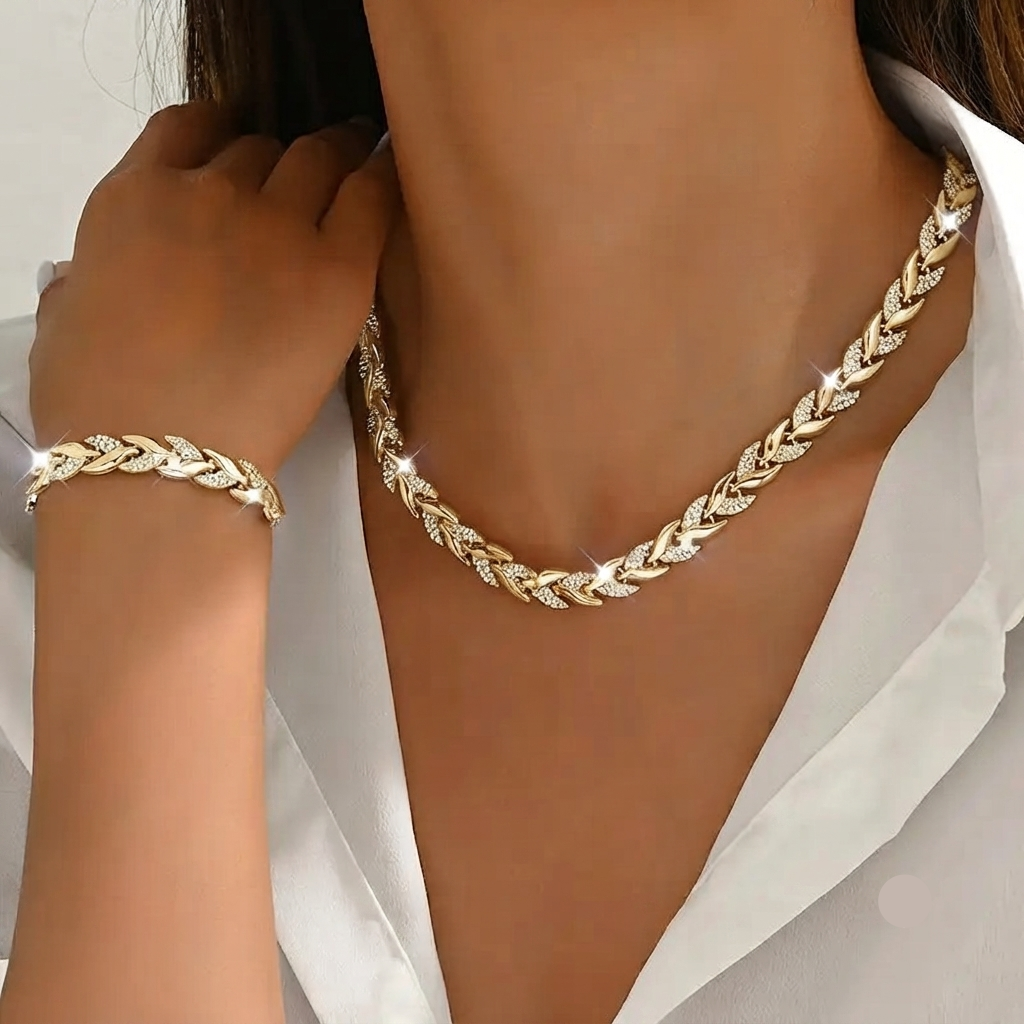 Women's Glass Leaf Necklace and Bracelet – Elegant Rhinestone Detail