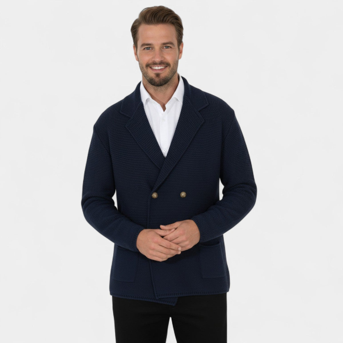 Men's Double-Breasted Knit Cardigan – Tailored Fit with Lapel Collar