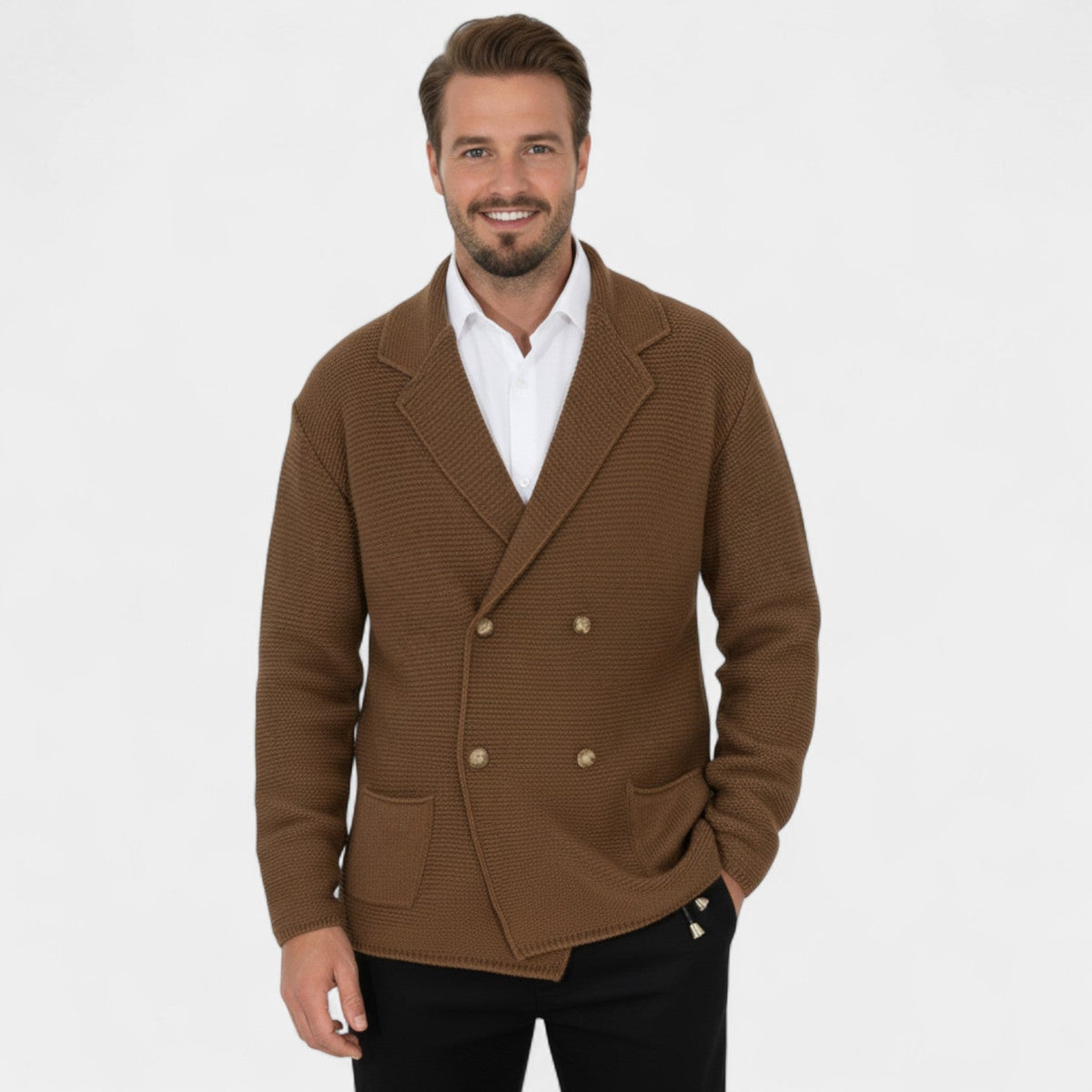 Men's Double-Breasted Knit Cardigan – Tailored Fit with Lapel Collar