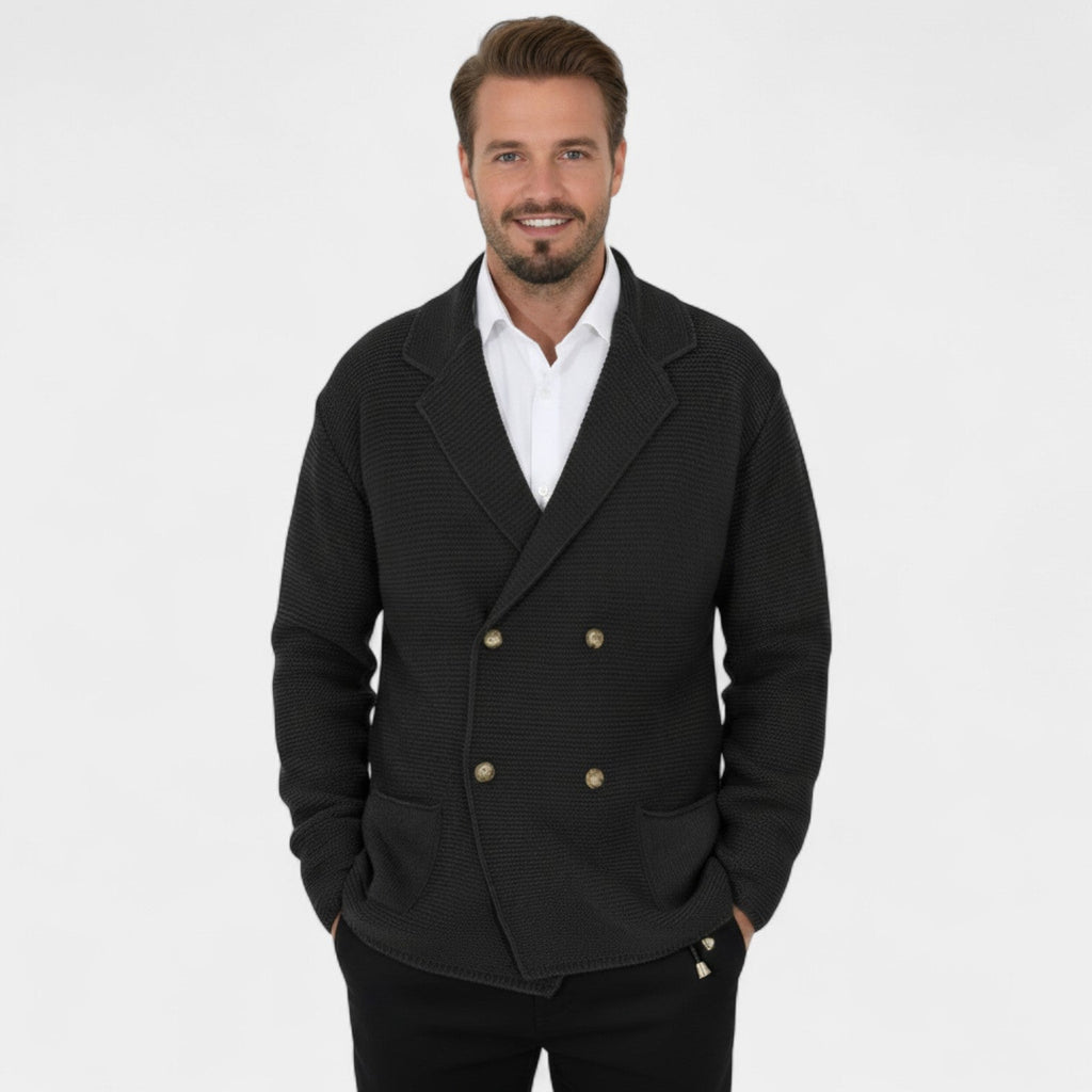 Men's Double-Breasted Knit Cardigan – Tailored Fit with Lapel Collar