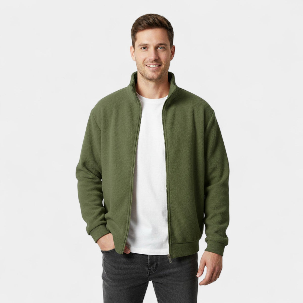Men's wool zip-up cardigan with stand-up collar – slim, refined, everyday knitwear