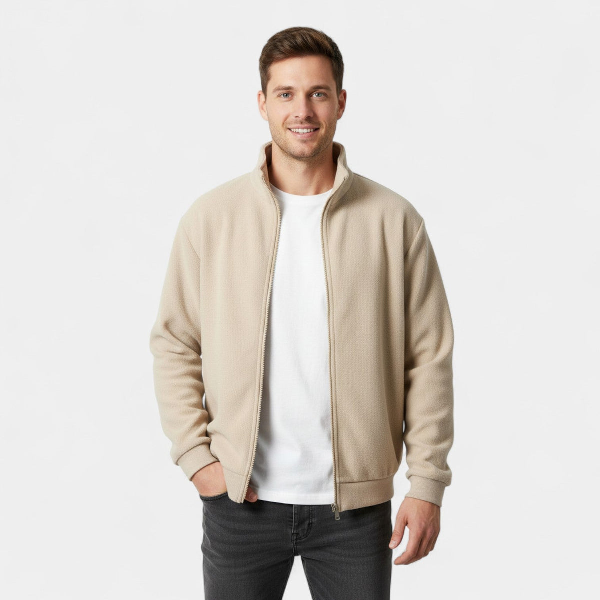 Men's wool zip-up cardigan with stand-up collar – slim, refined, everyday knitwear