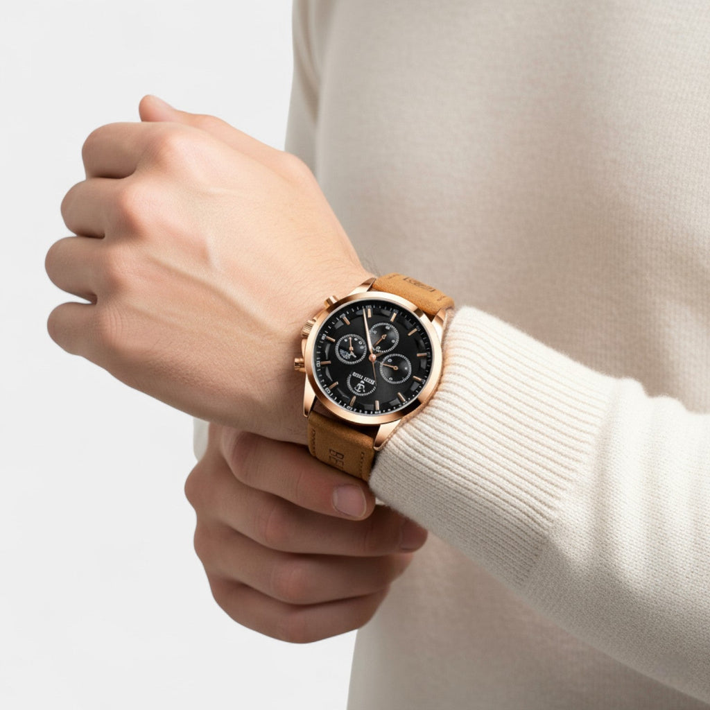Men's Watch with Leather Strap – Multi-Function Quartz 41 mm