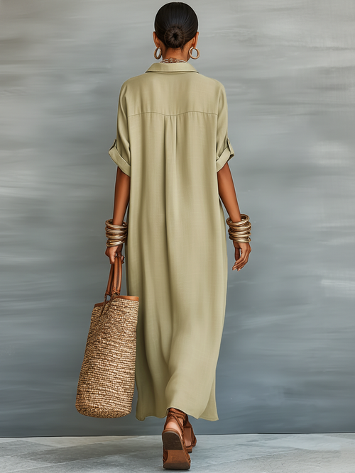 Women’s Long Linen Shirt Dress – Loose Cut Buttoned Three-Quarter Sleeves