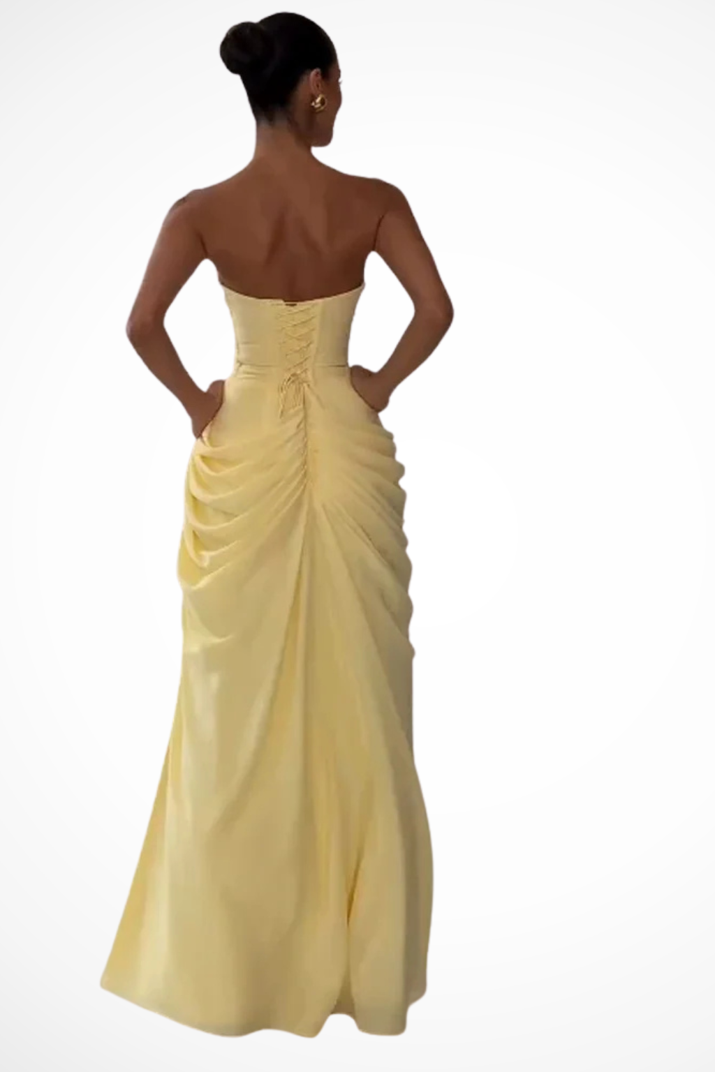 Women's Long Strapless Ruched Dress – High Slit Evening Gown