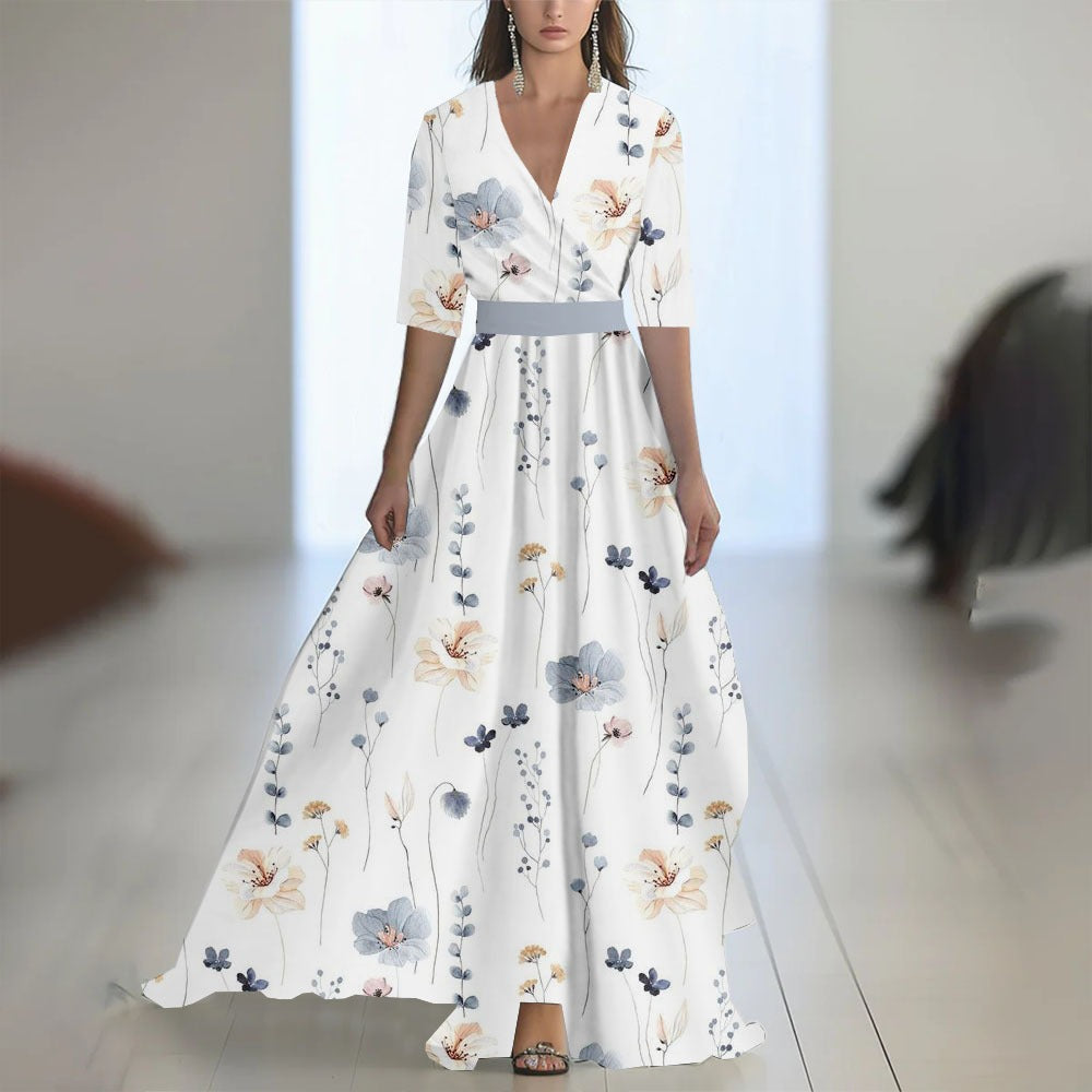 Women's floral maxi dress – V-neck fitted waist