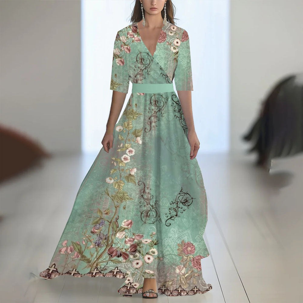 Women's floral maxi dress – V-neck fitted waist