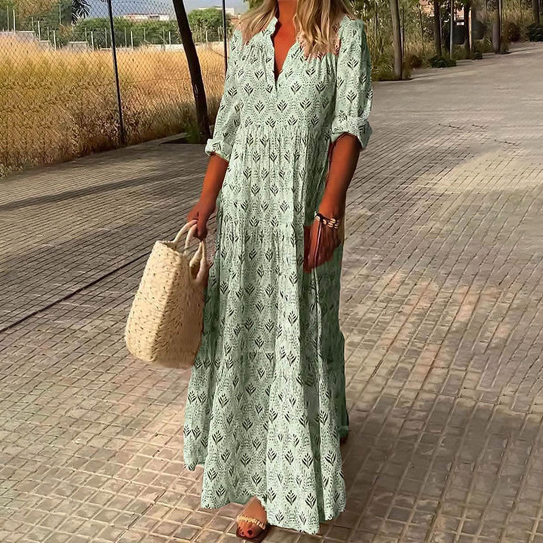 Women’s Bohemian V-Neck Maxi Dress – Loose Cut Mid-Length Sleeves Lightweight