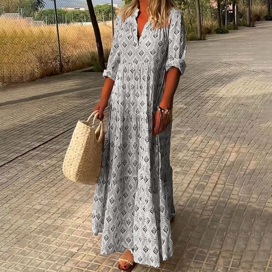 Women’s Bohemian V-Neck Maxi Dress – Loose Cut Mid-Length Sleeves Lightweight