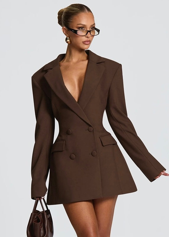 Women's Mini Blazer Dress – Deep V-Neck and Structured Shoulders