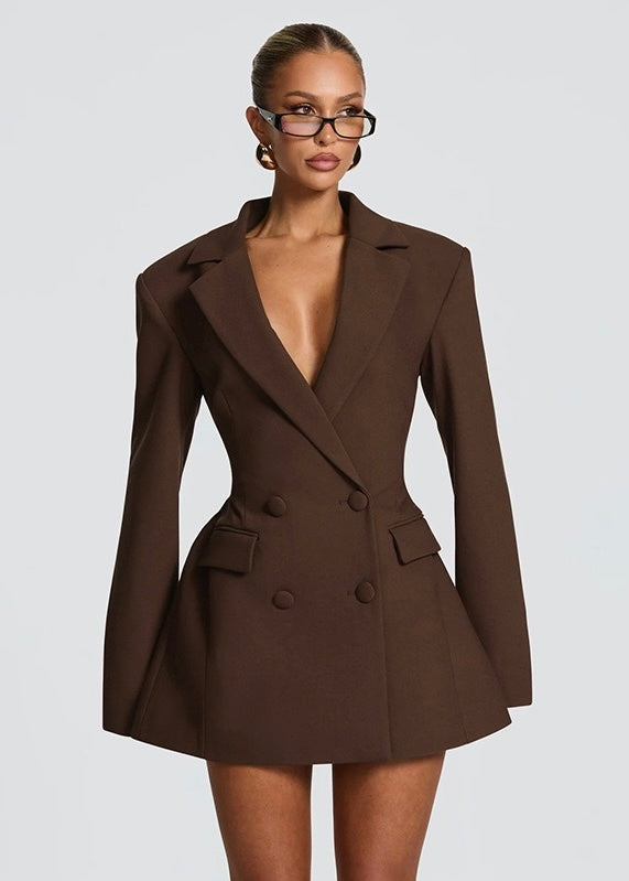 Women's Mini Blazer Dress – Deep V-Neck and Structured Shoulders
