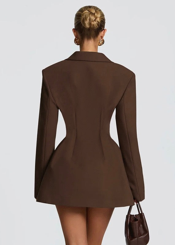 Women's Mini Blazer Dress – Deep V-Neck and Structured Shoulders
