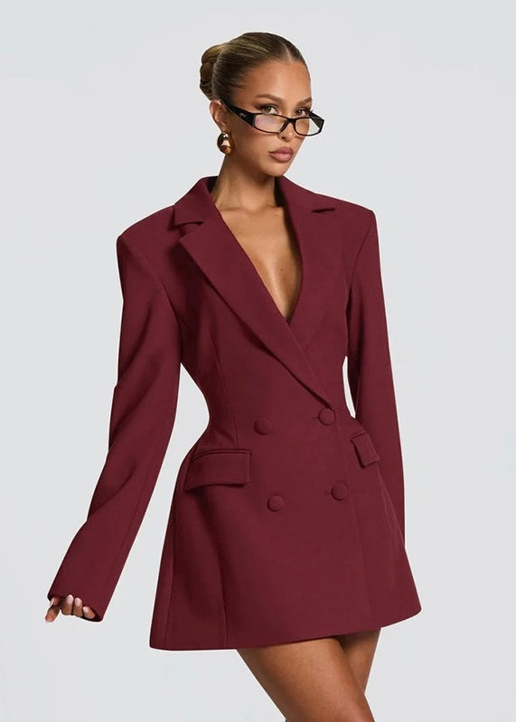 Women's Mini Blazer Dress – Deep V-Neck and Structured Shoulders