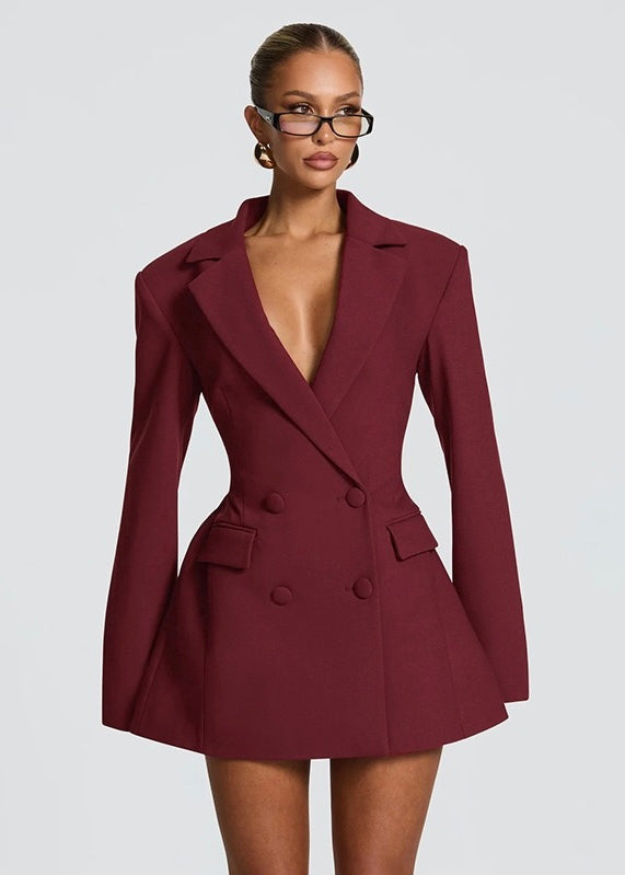 Women's Mini Blazer Dress – Deep V-Neck and Structured Shoulders