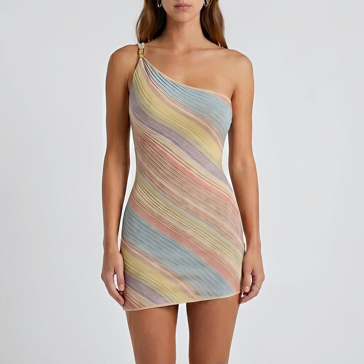 Women's Mini Dress in Ribbed Knit – Bodycon Fit with Asymmetric Shoulder