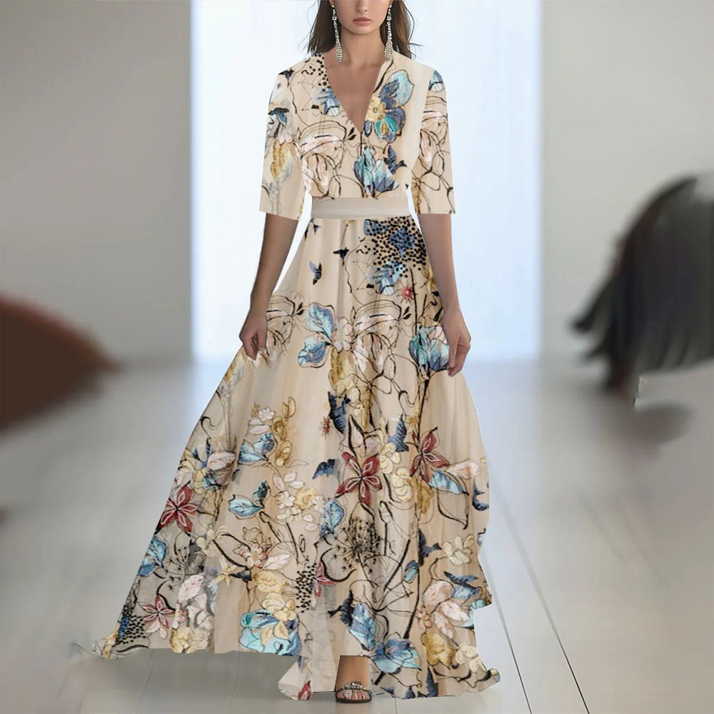 Women's floral maxi dress – V-neck fitted waist