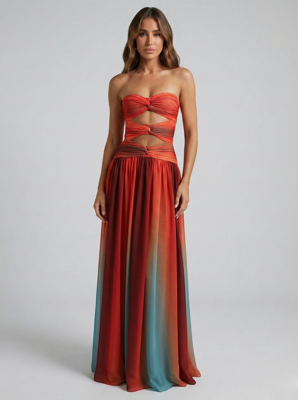 Long Women's Dress with Cut-Out Bustier – Flowing A-Line Silhouette