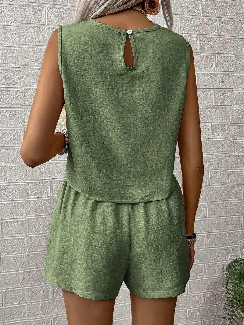 Women's Sleeveless Shorts Set – Woven Fabric with Buttons