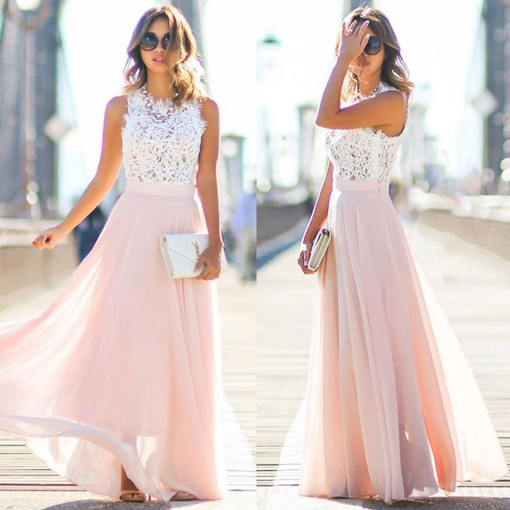 Women's Long Lace and Mesh Dress – Fitted Waist and Elegant Cut