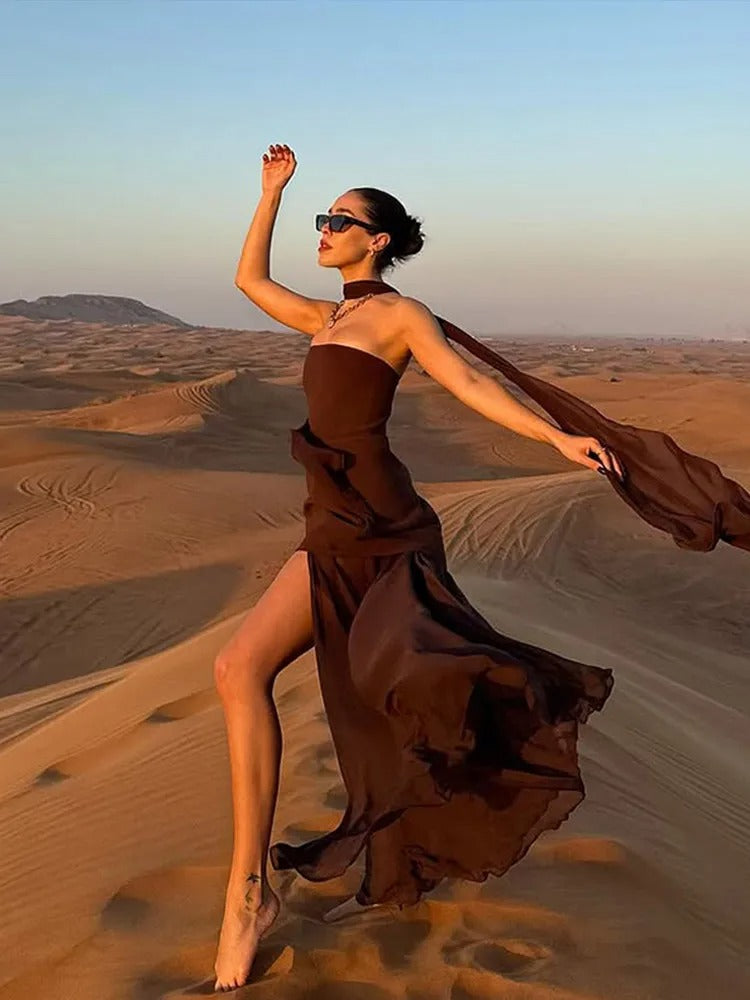 Long Split Dress for Women – Flowing Bustier Silhouette