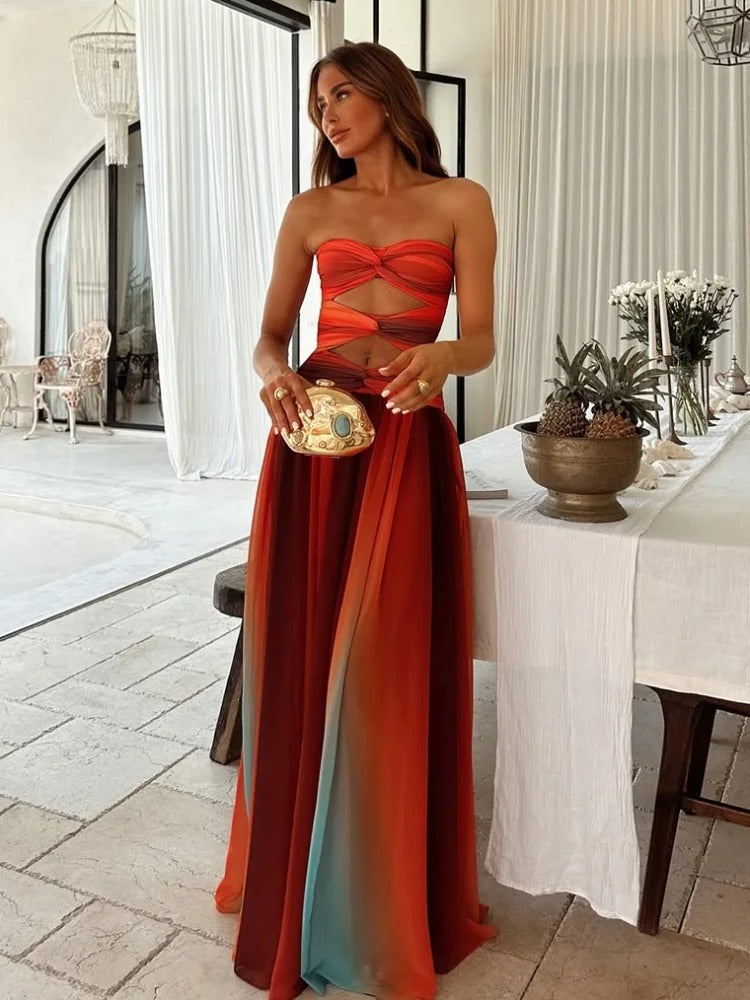 Long Women's Dress with Cut-Out Bustier – Flowing A-Line Silhouette