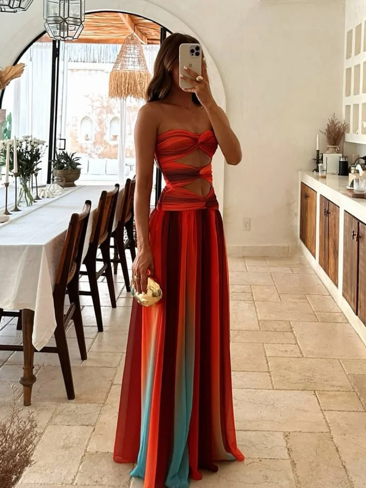 Long Women's Dress with Cut-Out Bustier – Flowing A-Line Silhouette