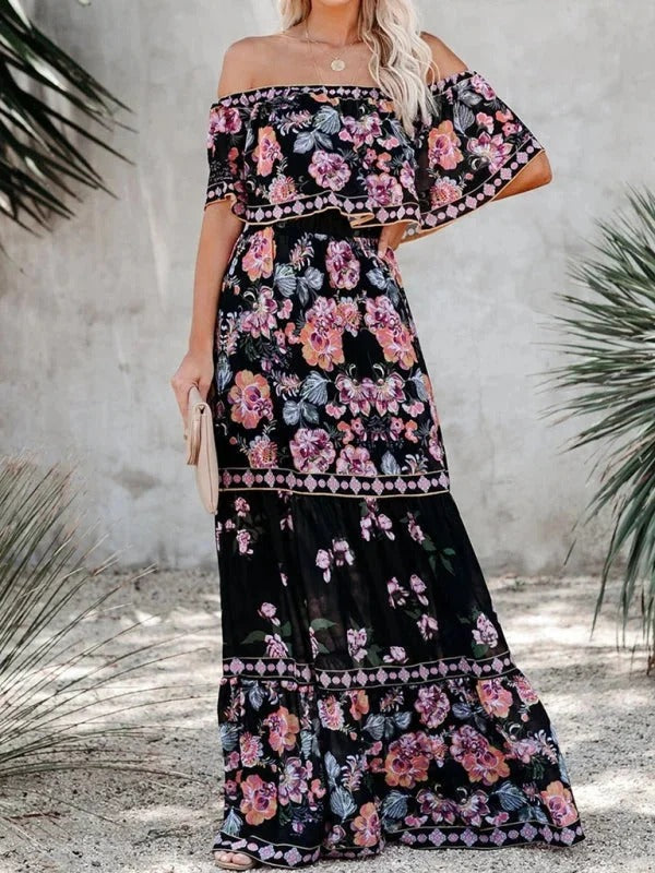 Women's Long Floral Dress with Bare Shoulders – Flowing Flounced Silhouette