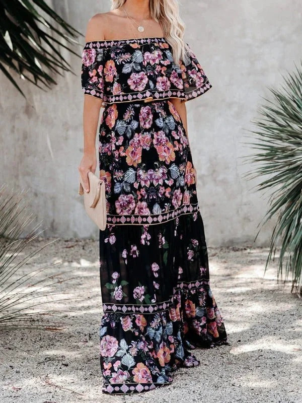Women's Long Floral Dress with Bare Shoulders – Flowing Flounced Silhouette