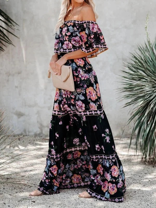 Women's Long Floral Dress with Bare Shoulders – Flowing Flounced Silhouette