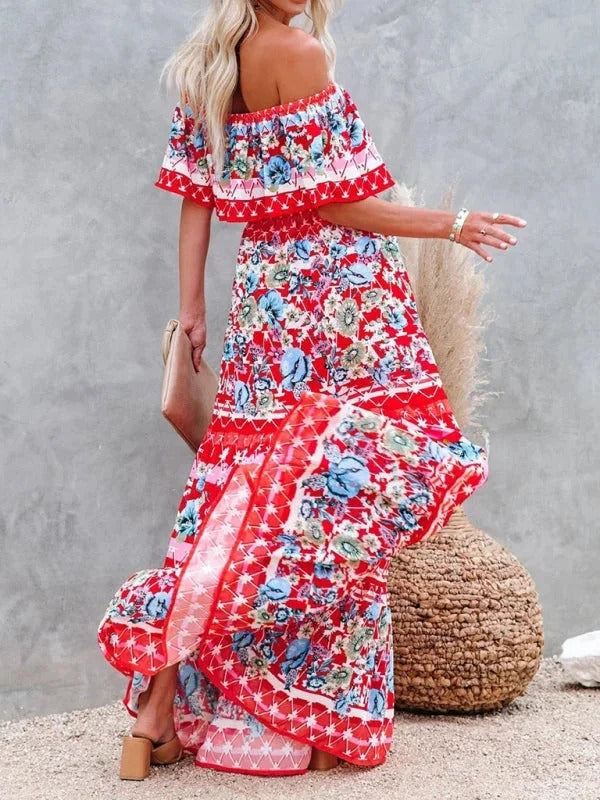 Women's Long Floral Dress with Bare Shoulders – Flowing Flounced Silhouette