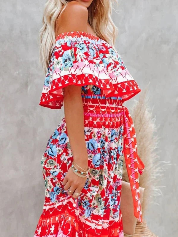 Women's Long Floral Dress with Bare Shoulders – Flowing Flounced Silhouette