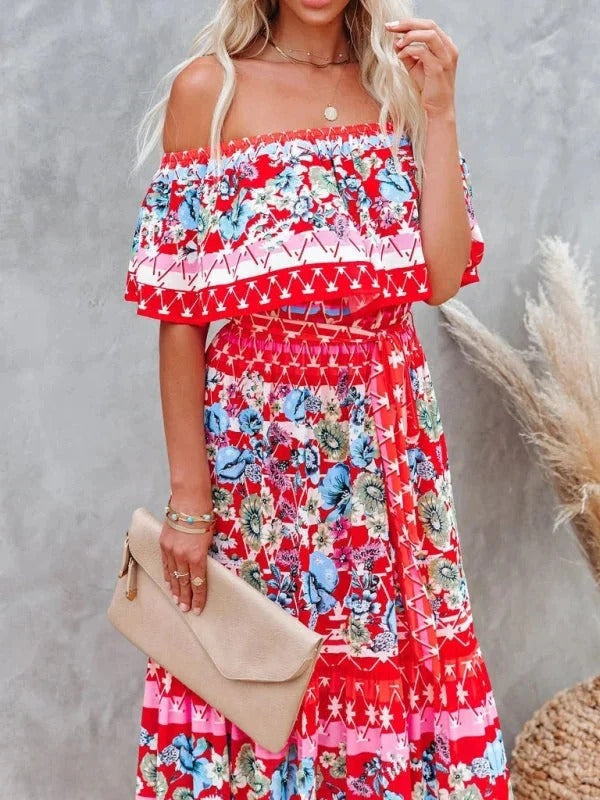Women's Long Floral Dress with Bare Shoulders – Flowing Flounced Silhouette