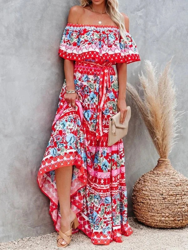 Women's Long Floral Dress with Bare Shoulders – Flowing Flounced Silhouette