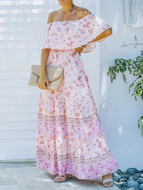 Women's Long Floral Dress with Bare Shoulders – Flowing Flounced Silhouette