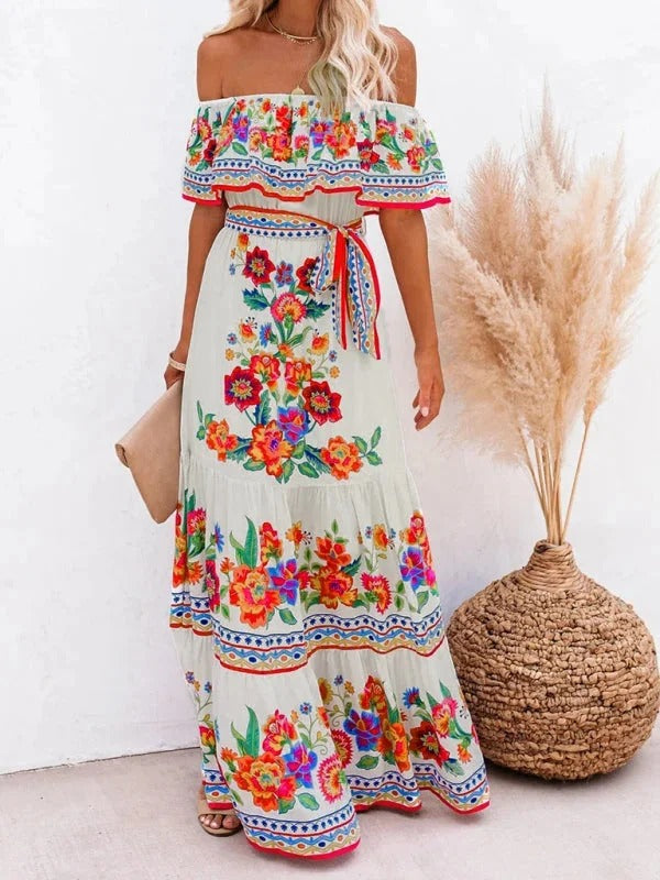 Women's Long Floral Dress with Bare Shoulders – Flowing Flounced Silhouette