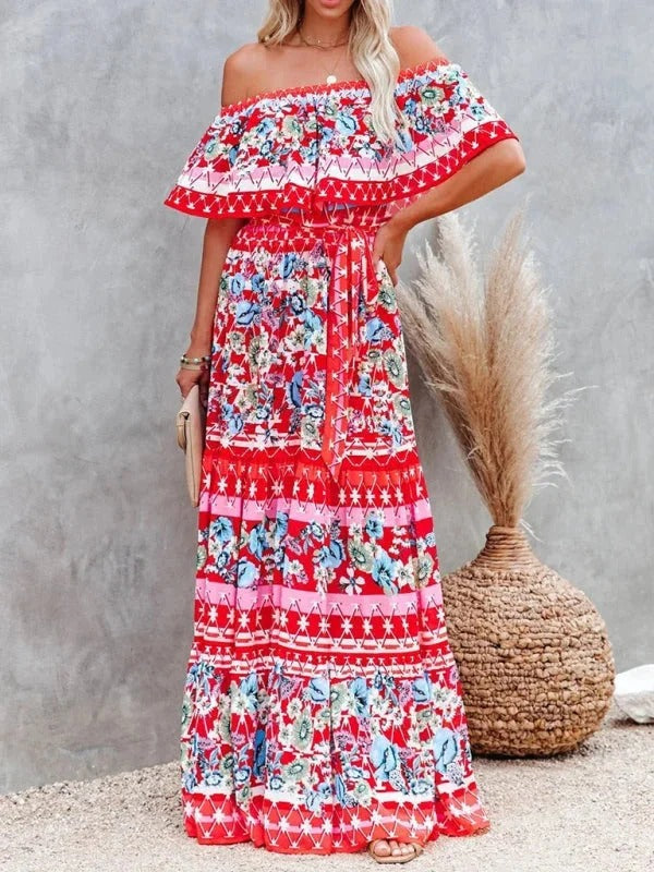 Women's Long Floral Dress with Bare Shoulders – Flowing Flounced Silhouette
