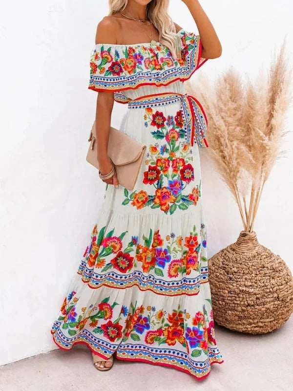 Women's Long Floral Dress with Bare Shoulders – Flowing Flounced Silhouette