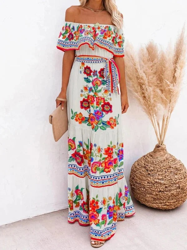 Women's Long Floral Dress with Bare Shoulders – Flowing Flounced Silhouette