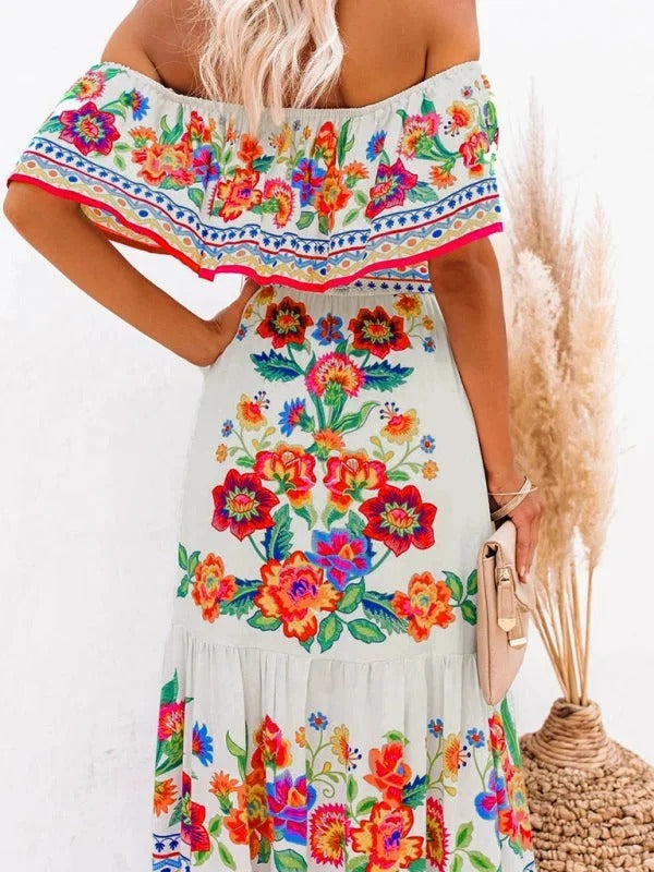 Women's Long Floral Dress with Bare Shoulders – Flowing Flounced Silhouette
