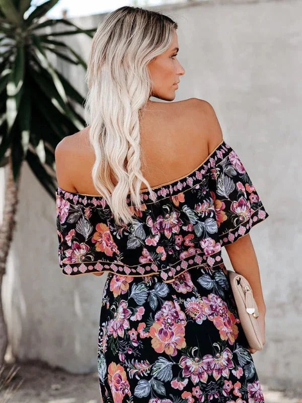 Women's Long Floral Dress with Bare Shoulders – Flowing Flounced Silhouette