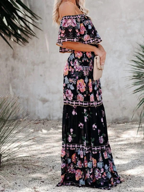 Women's Long Floral Dress with Bare Shoulders – Flowing Flounced Silhouette