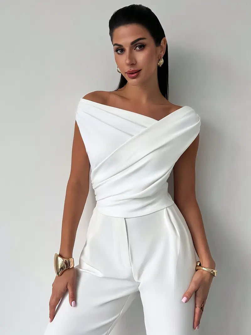 Women's Asymmetrical Draped Neckline Top with Crisscross Detail – Micro-Stretch Knit