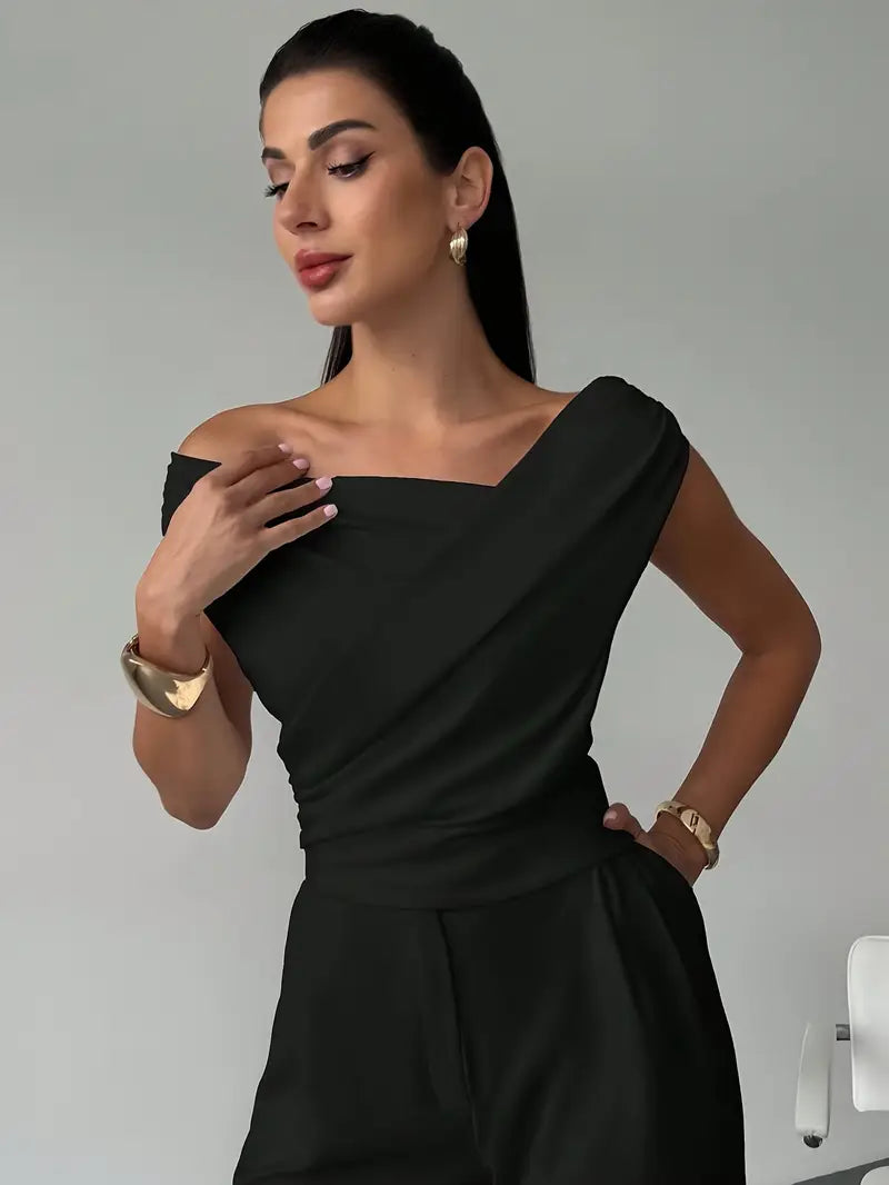 Women's Asymmetrical Draped Neckline Top with Crisscross Detail – Micro-Stretch Knit