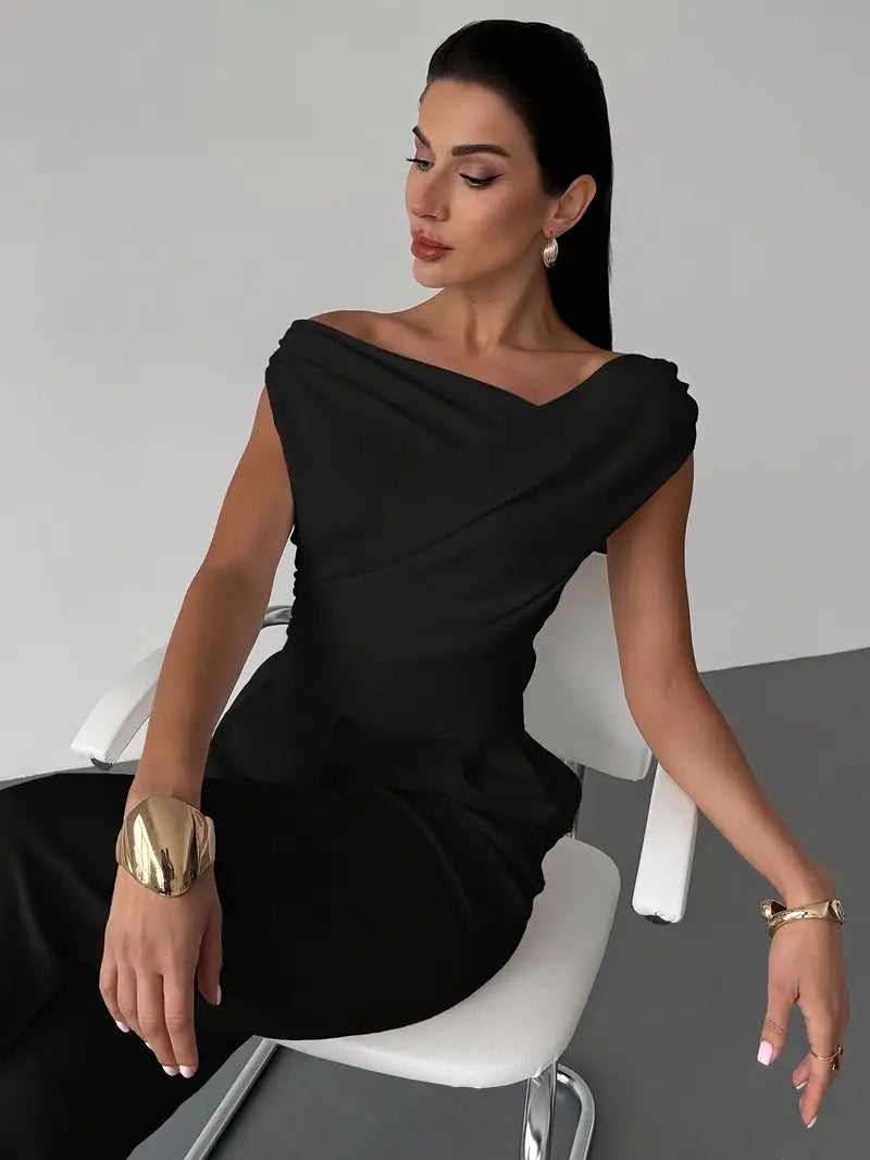 Women's Asymmetrical Draped Neckline Top with Crisscross Detail – Micro-Stretch Knit