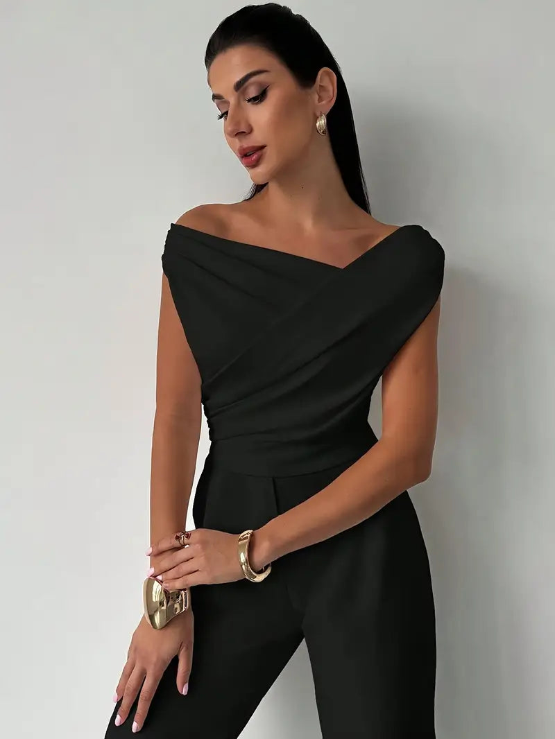 Women's Asymmetrical Draped Neckline Top with Crisscross Detail – Micro-Stretch Knit