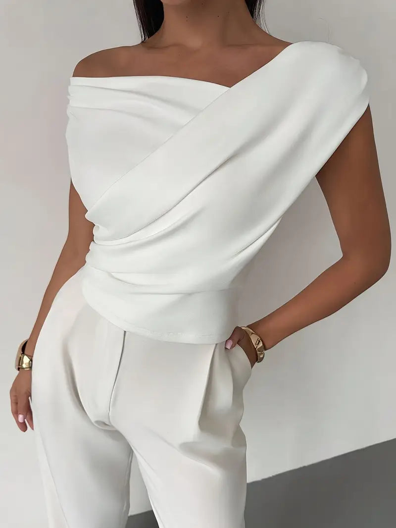 Women's Asymmetrical Draped Neckline Top with Crisscross Detail – Micro-Stretch Knit