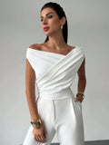 Women's Asymmetrical Draped Neckline Top with Crisscross Detail – Micro-Stretch Knit