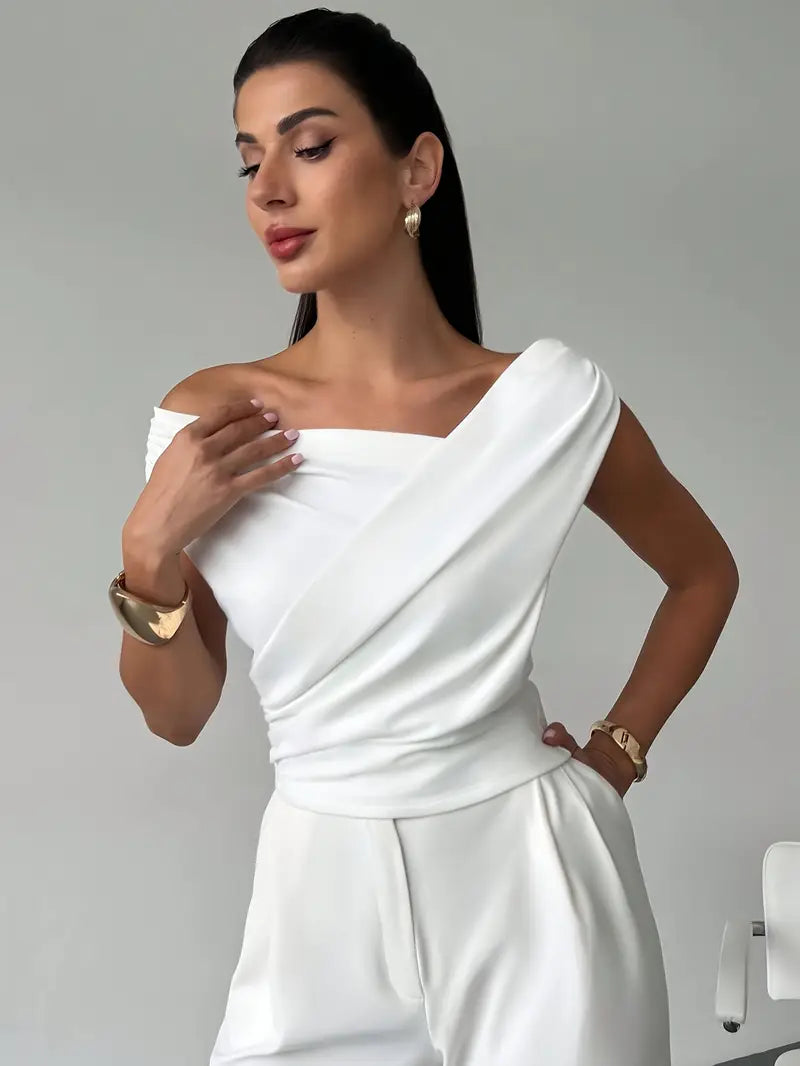 Women's Asymmetrical Draped Neckline Top with Crisscross Detail – Micro-Stretch Knit