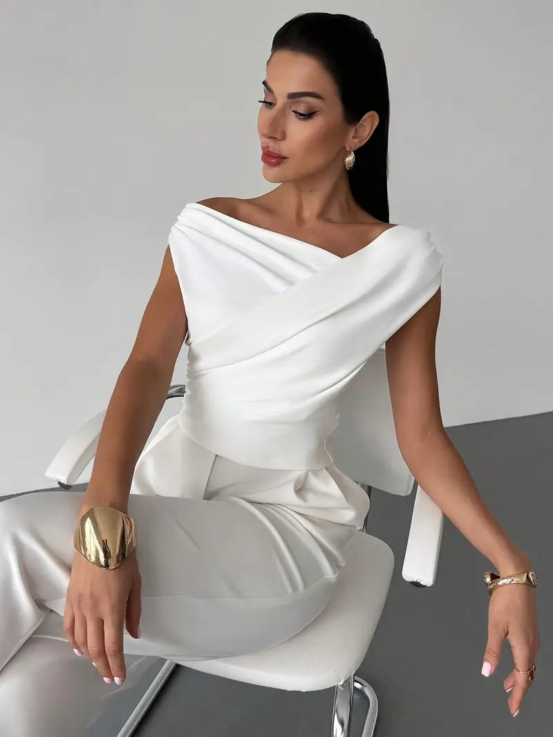 Women's Asymmetrical Draped Neckline Top with Crisscross Detail – Micro-Stretch Knit