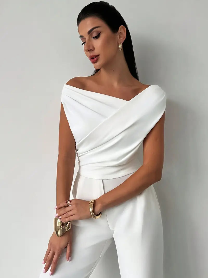 Women's Asymmetrical Draped Neckline Top with Crisscross Detail – Micro-Stretch Knit